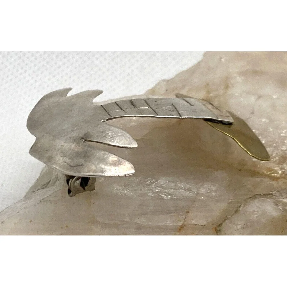 Vintage Palm Trees Sterling Silver 925 & Brass Matching‎ Earring & Brooch Set 9g